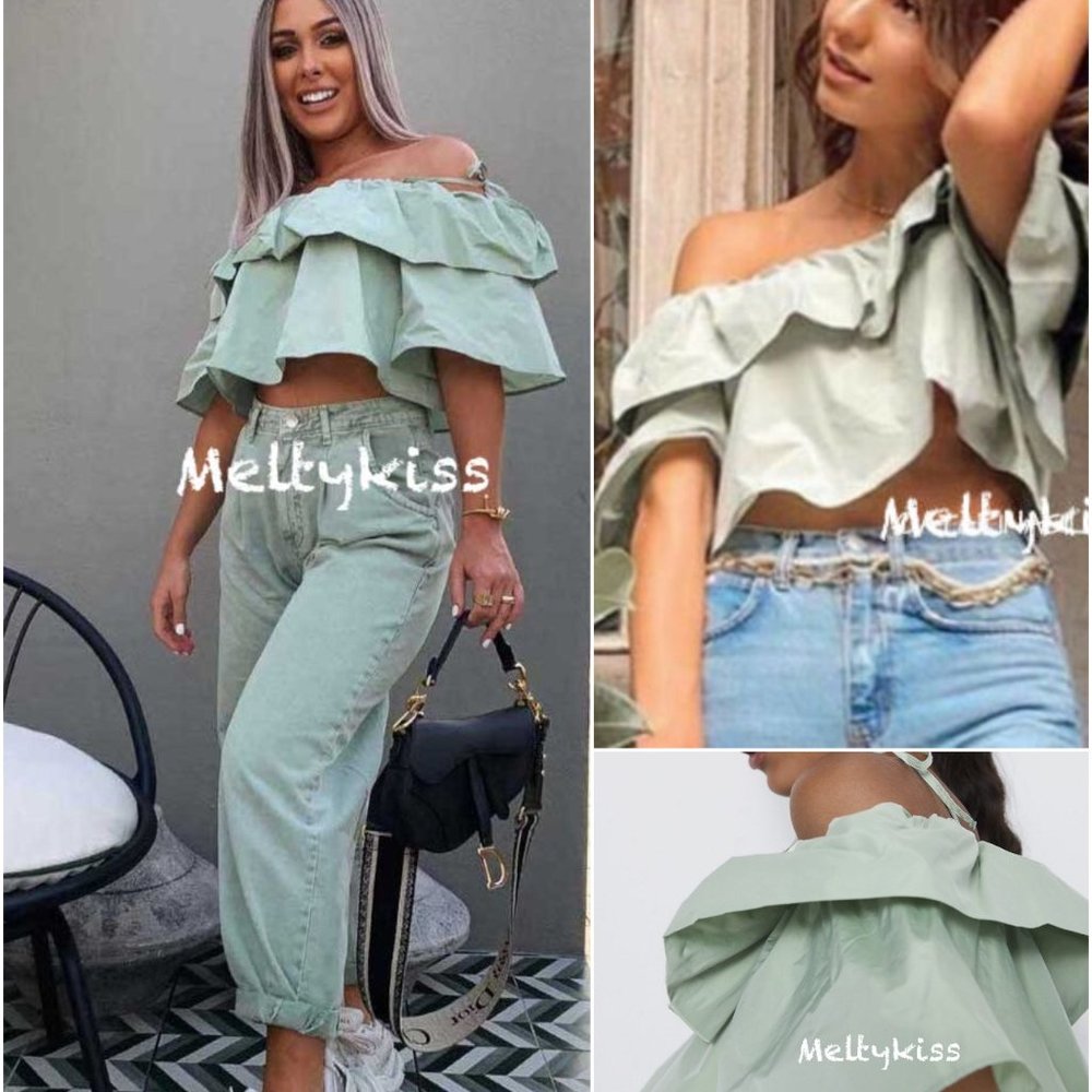 NWT ZARA LIGHT GREEN RUFFLED TOP CROP Sz-M-L